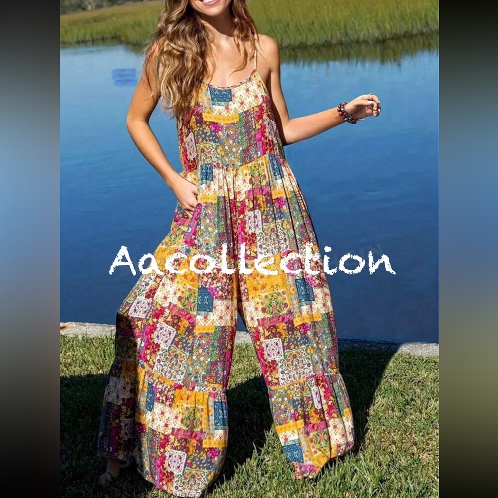 Boho Patchwork Print Wide Leg Jumpsuit - Picture 1 of 3